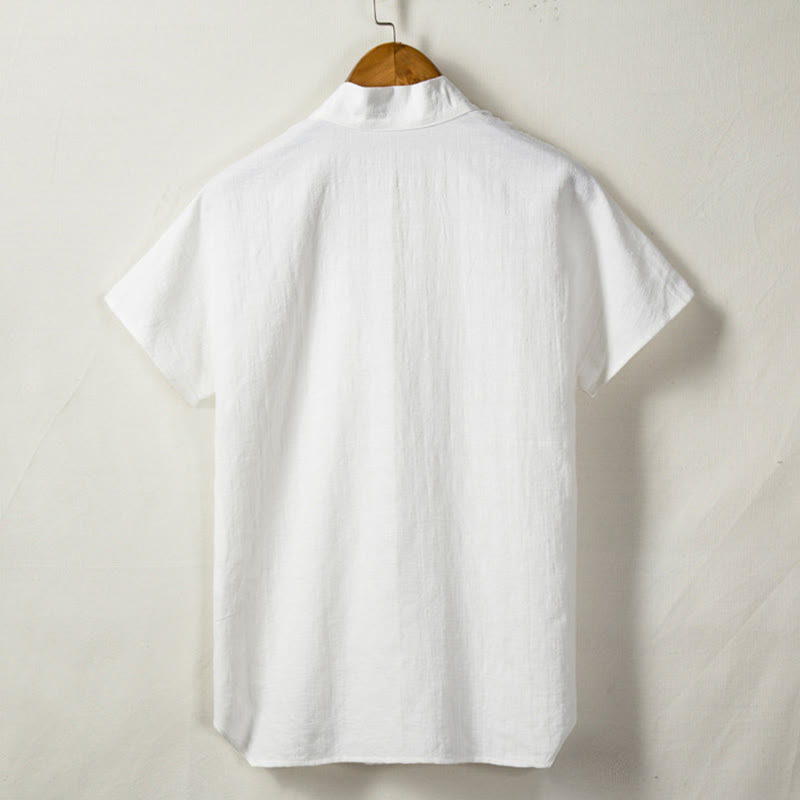 Buddha Stones Herren Kurzarmhemd mit Tasche, Reverskragen, Cardigan, Komfort, Baumwoll-Leinen-Hemd - image 3