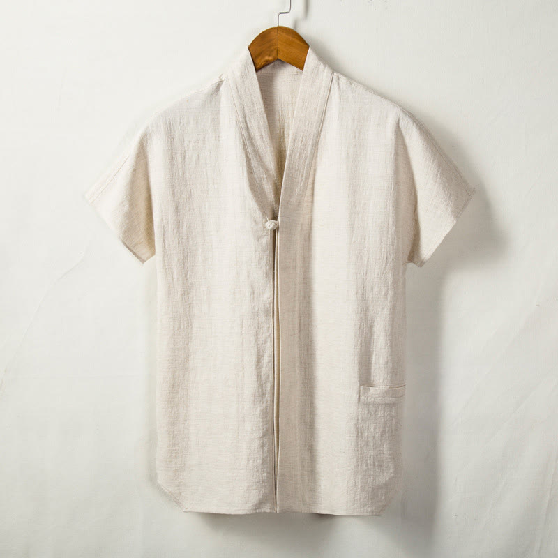 Buddha Stones Herren Kurzarmhemd mit Tasche, Reverskragen, Cardigan, Komfort, Baumwoll-Leinen-Hemd - image 0