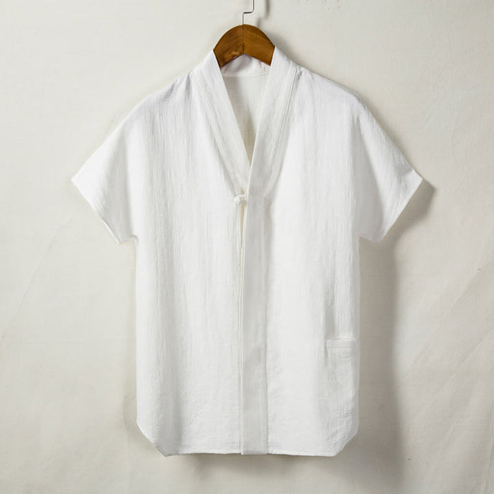 Buddha Stones Herren Kurzarmhemd mit Tasche, Reverskragen, Cardigan, Komfort, Baumwoll-Leinen-Hemd - image 2