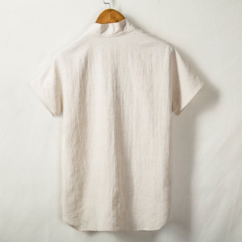 Buddha Stones Herren Kurzarmhemd mit Tasche, Reverskragen, Cardigan, Komfort, Baumwoll-Leinen-Hemd - image 1