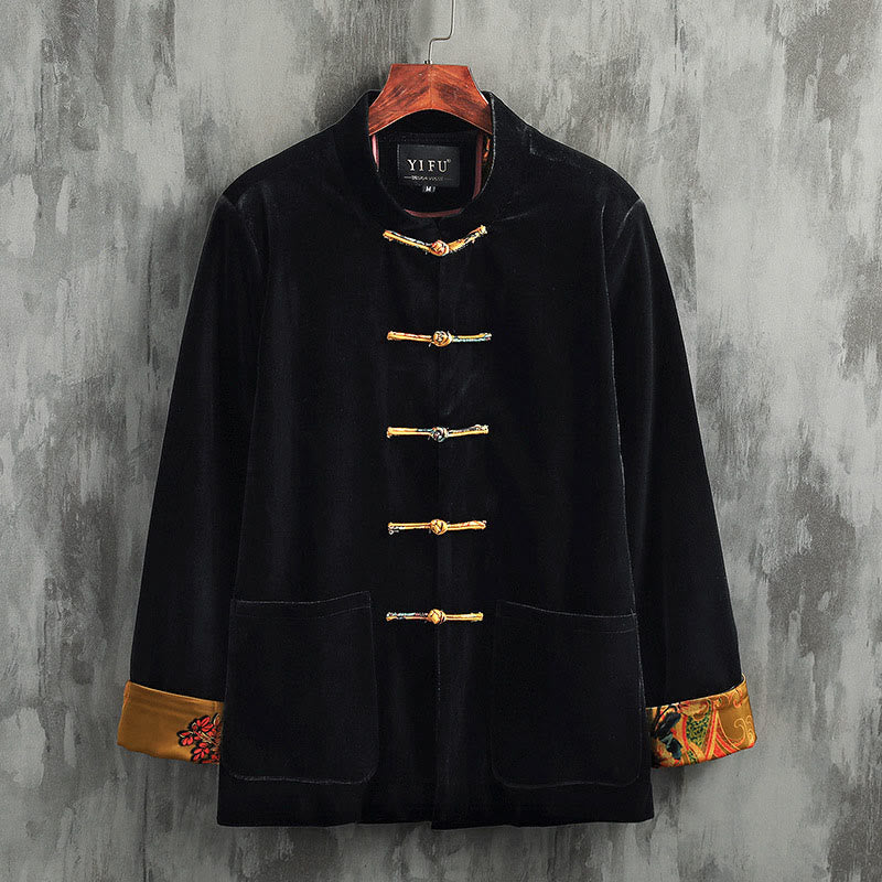 Buddha Stones Tang Anzug Froschknopf Rundhals Baumwolle Herren Jacke Hemd Kleidung - Gelber Knopf - US/ UK/AU42，EU52 (3XL) - image 1