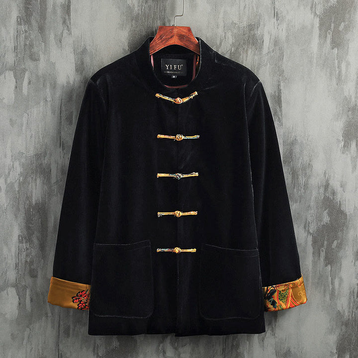 Buddha Stones Tang Anzug Froschknopf Rundhals Baumwolle Herren Jacke Hemd Kleidung - Gelber Knopf - US/ UK/AU42，EU52 (3XL) - image 0