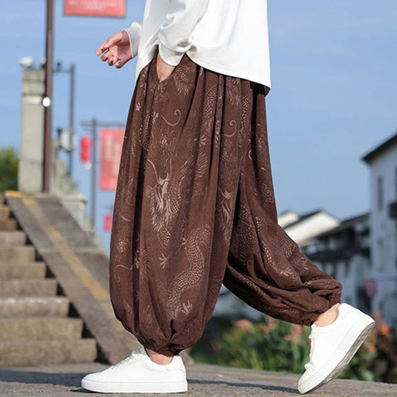 Lässige, schlichte Herrenhose aus Baumwolle mit Taschen und Buddha Stones und Drachen-Design