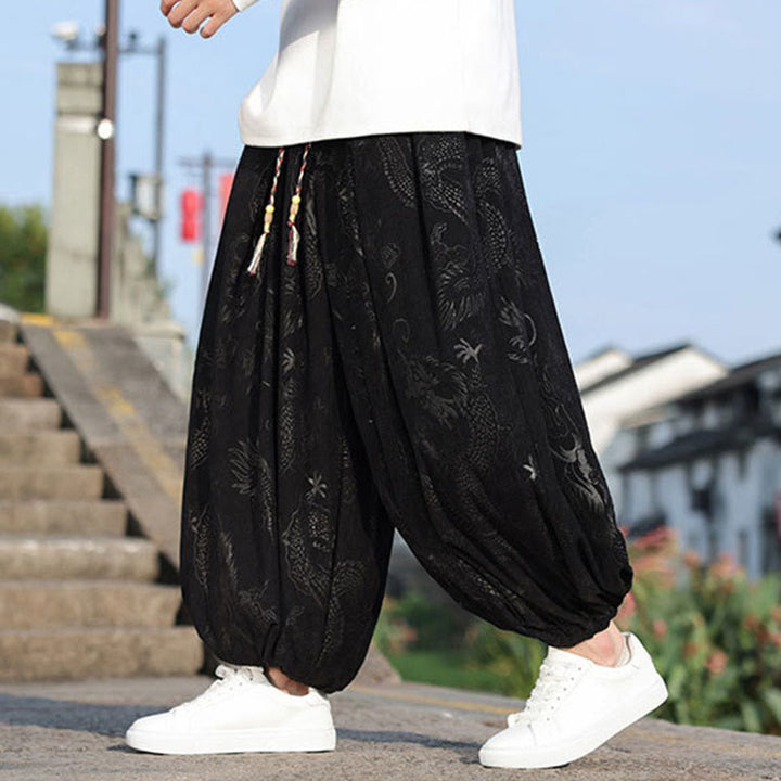 Lässige, schlichte Herrenhose aus Baumwolle mit Taschen und Buddha Stones und Drachen-Design - Schwarz - US/ UK/AU46, EU56 (5XL) - image 10