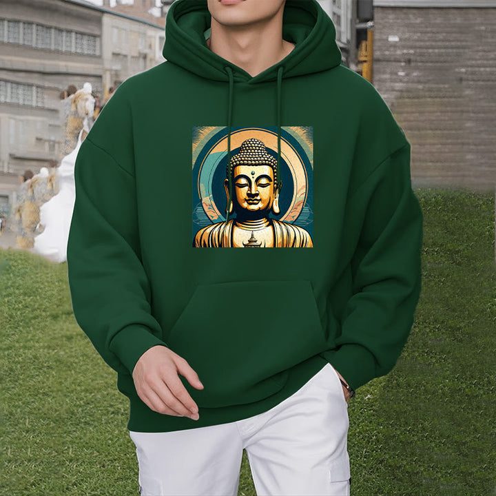 Buddha Stones Aura Goldener Buddha Polyester-Kapuzenpullover mit Fleecefutter