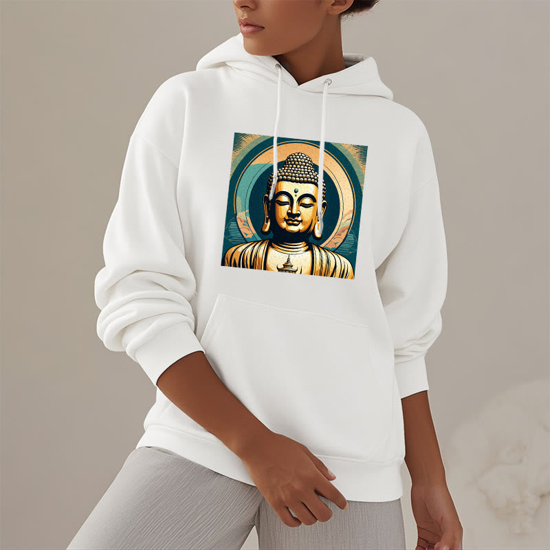 Buddha Stones Aura Goldener Buddha Polyester-Kapuzenpullover mit Fleecefutter