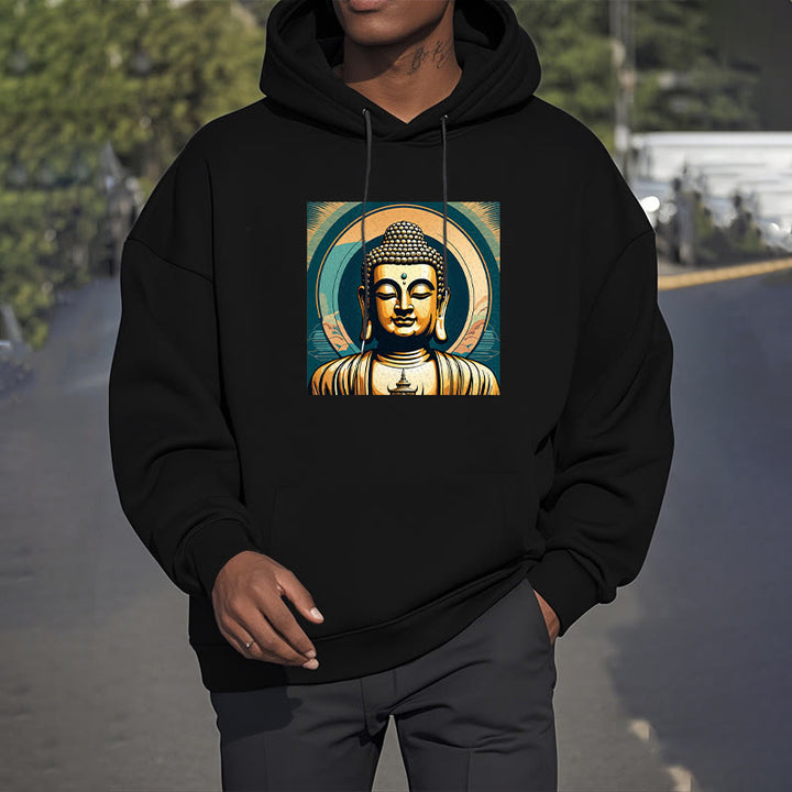 Buddha Stones Aura Goldener Buddha Polyester-Kapuzenpullover mit Fleecefutter