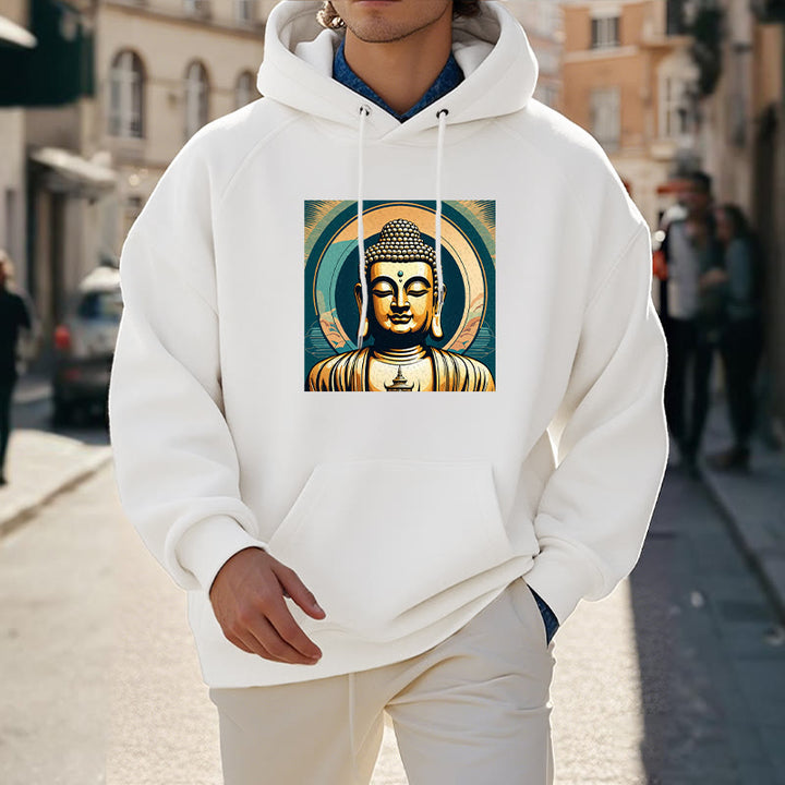 Buddha Stones Aura Goldener Buddha Polyester-Kapuzenpullover mit Fleecefutter