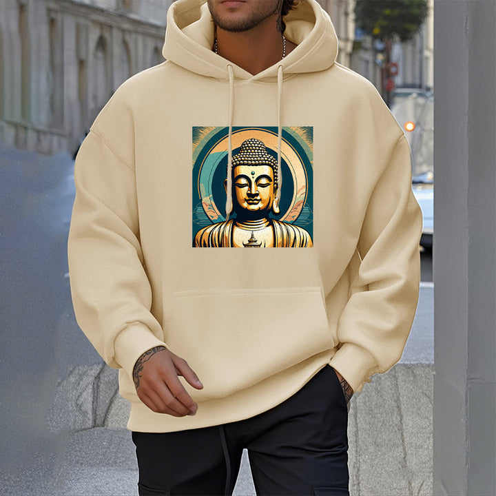 Buddha Stones Aura Goldener Buddha Polyester-Kapuzenpullover mit Fleecefutter