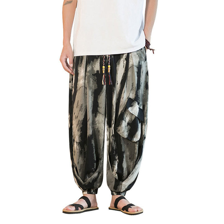 Buddha Stones Ice Silk Drop Ink Batik-Farbverlaufsstreifen Lässige Herrenhose aus Baumwolle mit Taschen