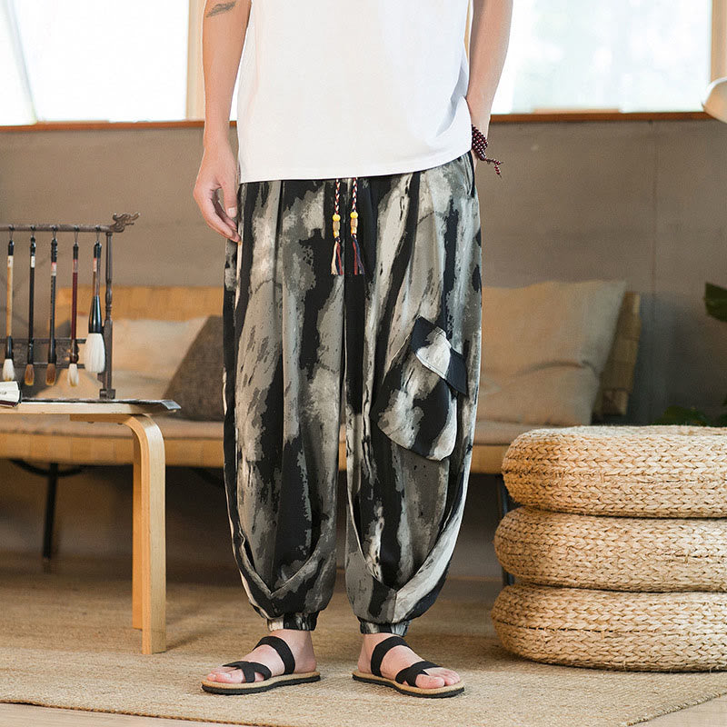 Buddha Stones Ice Silk Drop Ink Batik-Farbverlaufsstreifen Lässige Herrenhose aus Baumwolle mit Taschen