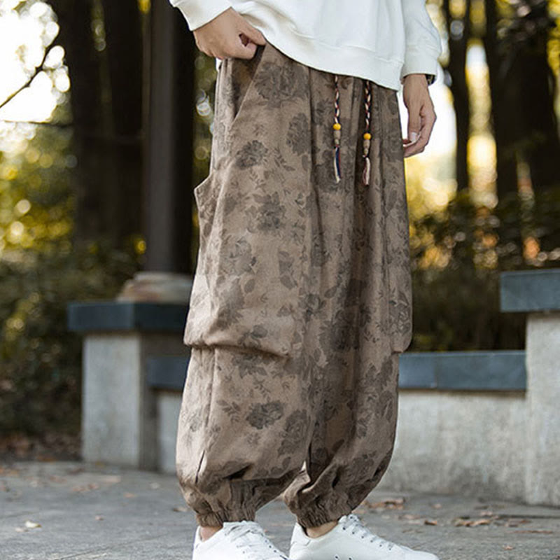 Buddha Stones Lässige Blumen-Cord-Baumwoll-Herrenhose mit großen Taschen