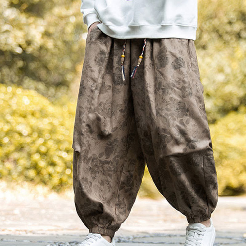 Buddha Stones Lässige Blumen-Cord-Baumwoll-Herrenhose mit großen Taschen - Dunkelgoldenrod - US/UK/AU46, EU56 (5XL) - image 0