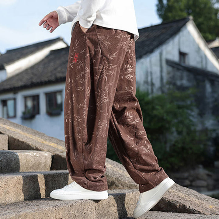 Buddha Stones, bestickte Blätter, lässige Herrenhose aus Baumwolle mit Taschen