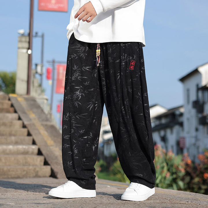 Buddha Stones, bestickte Blätter, lässige Herrenhose aus Baumwolle mit Taschen - Schwarz - US/ UK/AU46, EU56 (5XL) - image 0