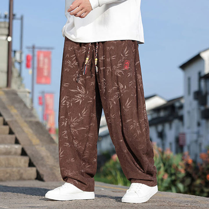 Buddha Stones, bestickte Blätter, lässige Herrenhose aus Baumwolle mit Taschen