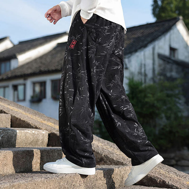 Buddha Stones, bestickte Blätter, lässige Herrenhose aus Baumwolle mit Taschen