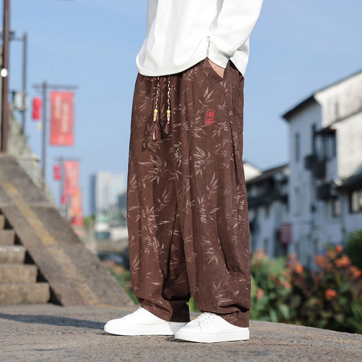 Buddha Stones, bestickte Blätter, lässige Herrenhose aus Baumwolle mit Taschen