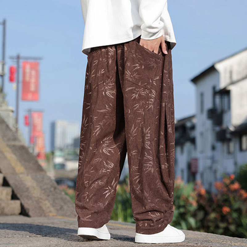 Buddha Stones, bestickte Blätter, lässige Herrenhose aus Baumwolle mit Taschen