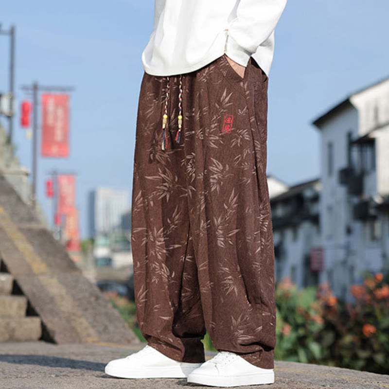 Buddha Stones, bestickte Blätter, lässige Herrenhose aus Baumwolle mit Taschen