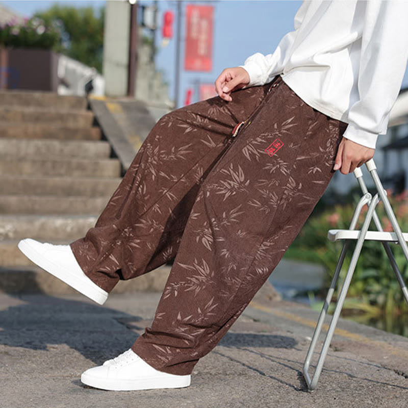 Buddha Stones, bestickte Blätter, lässige Herrenhose aus Baumwolle mit Taschen