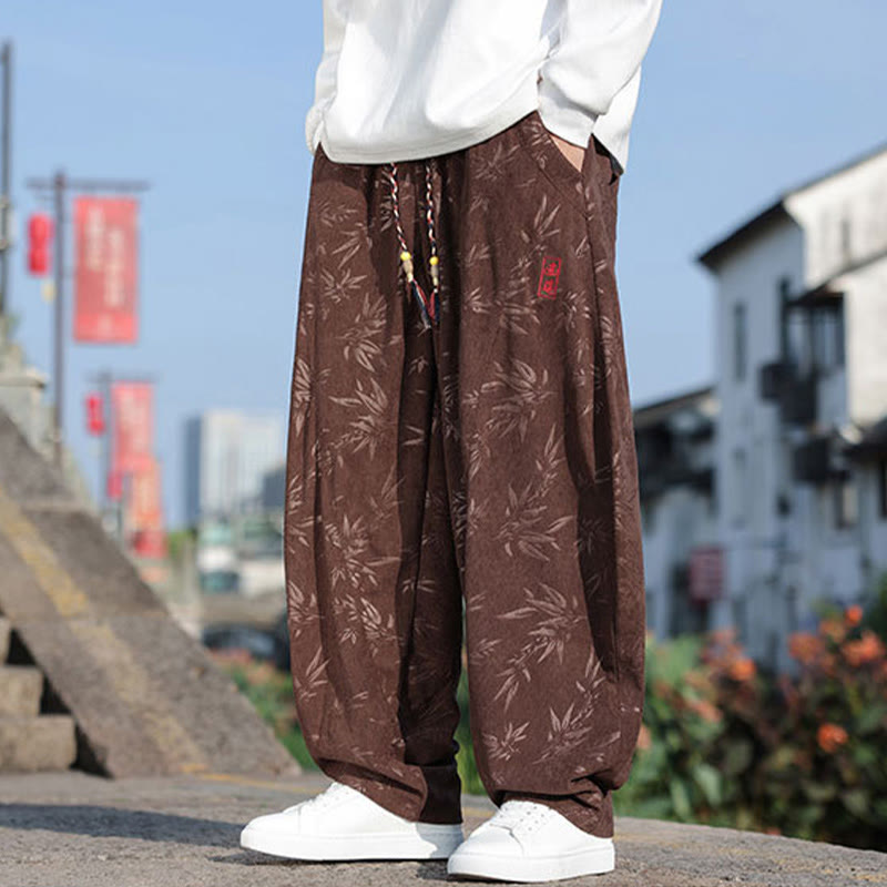 Buddha Stones, bestickte Blätter, lässige Herrenhose aus Baumwolle mit Taschen