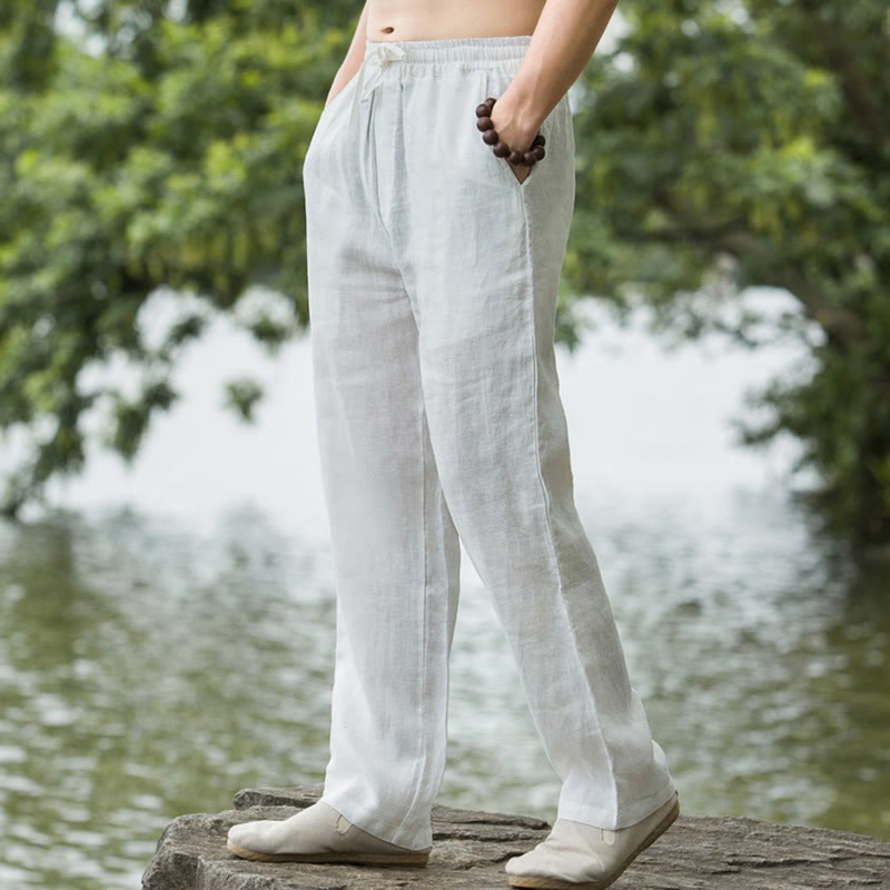 Buddha Stones - Einfarbige Herrenhose aus Baumwollleinen mit weitem Bein und Taschen - Weiß - US/ UK/AU50，EU60 (5XL) - image 15