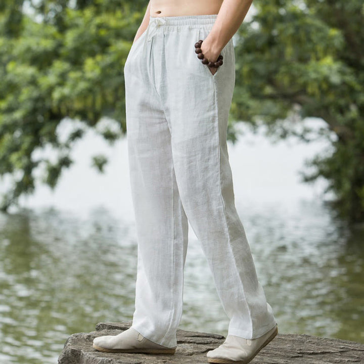 Buddha Stones - Einfarbige Herrenhose aus Baumwollleinen mit weitem Bein und Taschen - Weiß - US/ UK/AU50，EU60 (5XL) - image 15