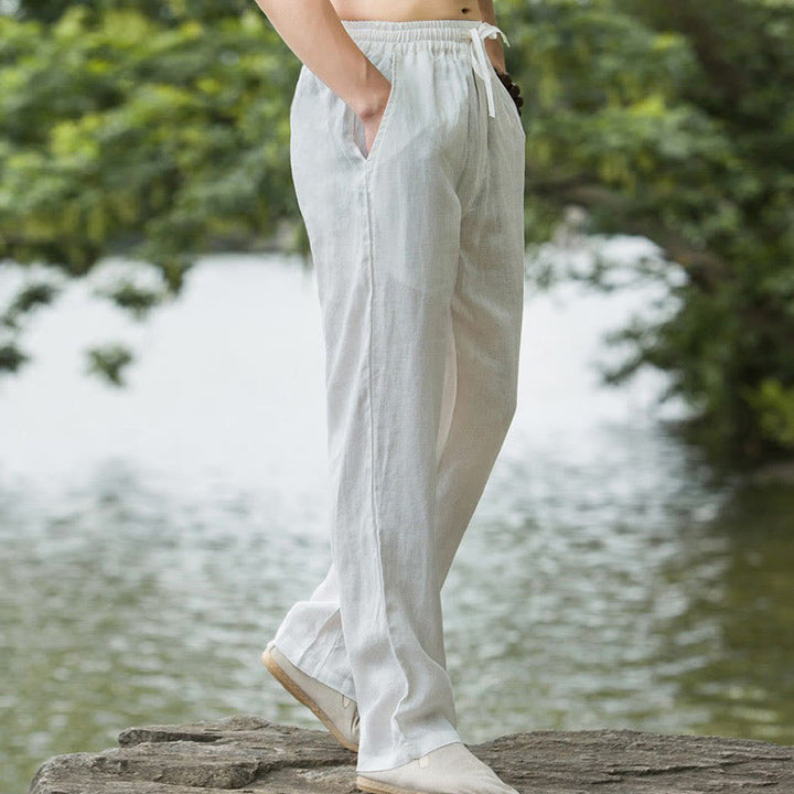 Buddha Stones - Einfarbige Herrenhose aus Baumwollleinen mit weitem Bein und Taschen - image 15