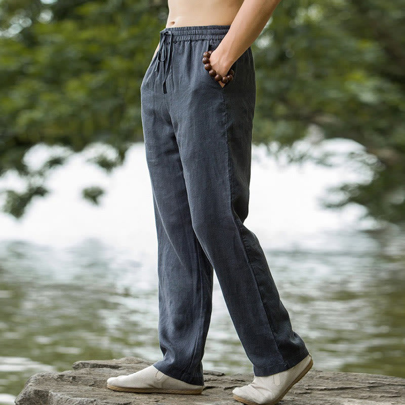 Buddha Stones - Einfarbige Herrenhose aus Baumwollleinen mit weitem Bein und Taschen - image 12