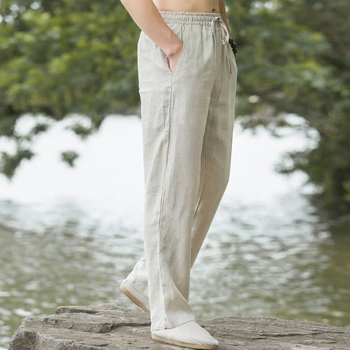 Buddha Stones - Einfarbige Herrenhose aus Baumwollleinen mit weitem Bein und Taschen - image 2