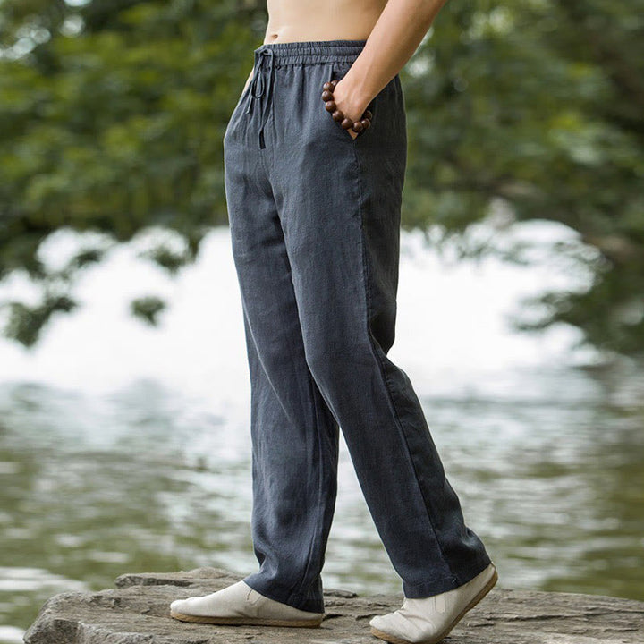 Buddha Stones - Einfarbige Herrenhose aus Baumwollleinen mit weitem Bein und Taschen - image 12