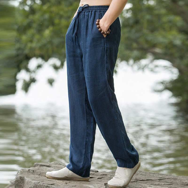 Buddha Stones - Einfarbige Herrenhose aus Baumwollleinen mit weitem Bein und Taschen - image 7