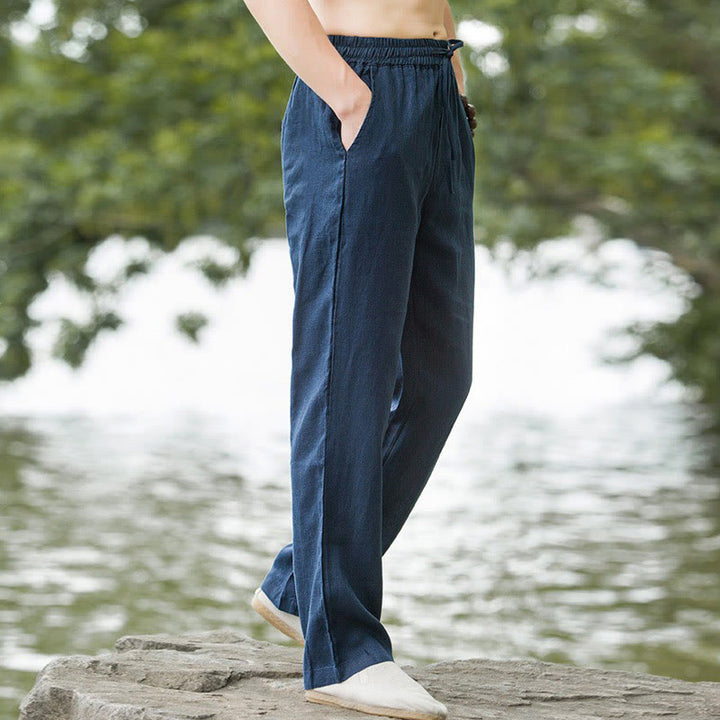 Buddha Stones - Einfarbige Herrenhose aus Baumwollleinen mit weitem Bein und Taschen - image 6