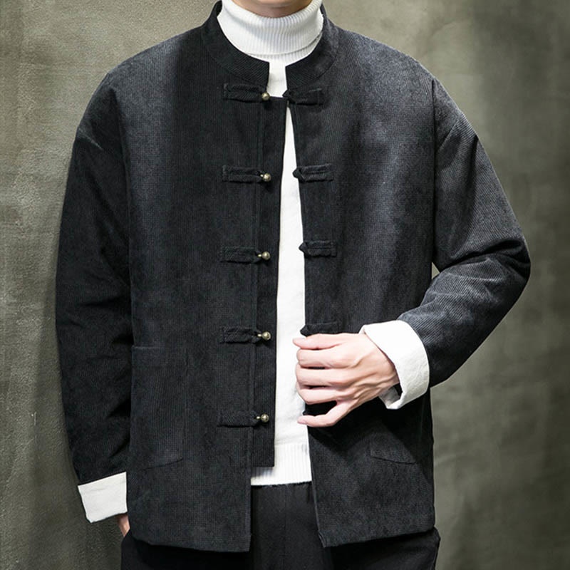 Buddha Stones, einfarbige Herrenjacke mit Froschknopfleiste - Schwarz - US/UK/AU46, EU56 (5XL) - image 0