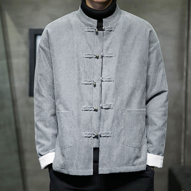 Buddha Stones, einfarbige Herrenjacke mit Froschknopfleiste - Grau - US/UK/AU46, EU56 (5XL) - image 16