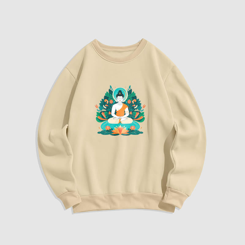 Buddha Stones Lotus Buddha Rundhals-Sweatshirt mit Fleecefutter