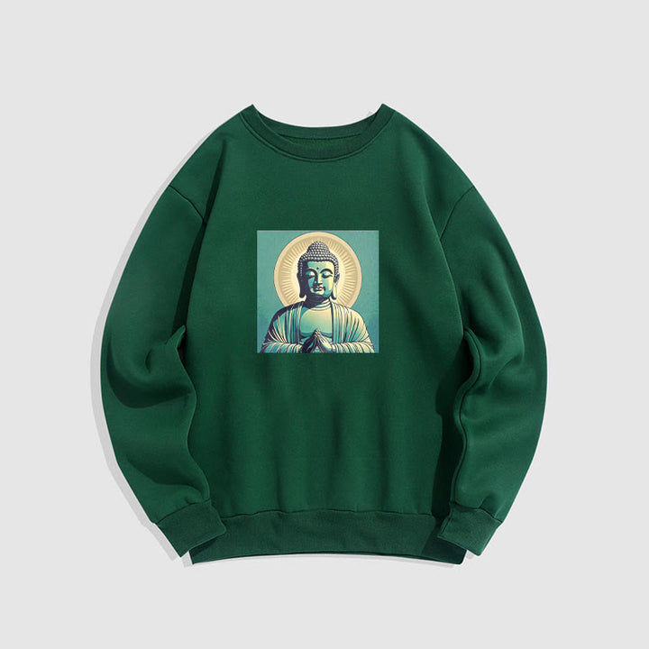 Buddha Stones Aura Grünes Buddha-Sweatshirt mit Rundhalsausschnitt und Fleecefutter