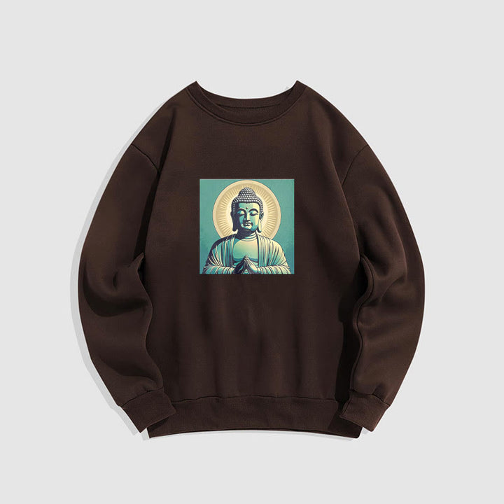 Buddha Stones Aura Grünes Buddha-Sweatshirt mit Rundhalsausschnitt und Fleecefutter