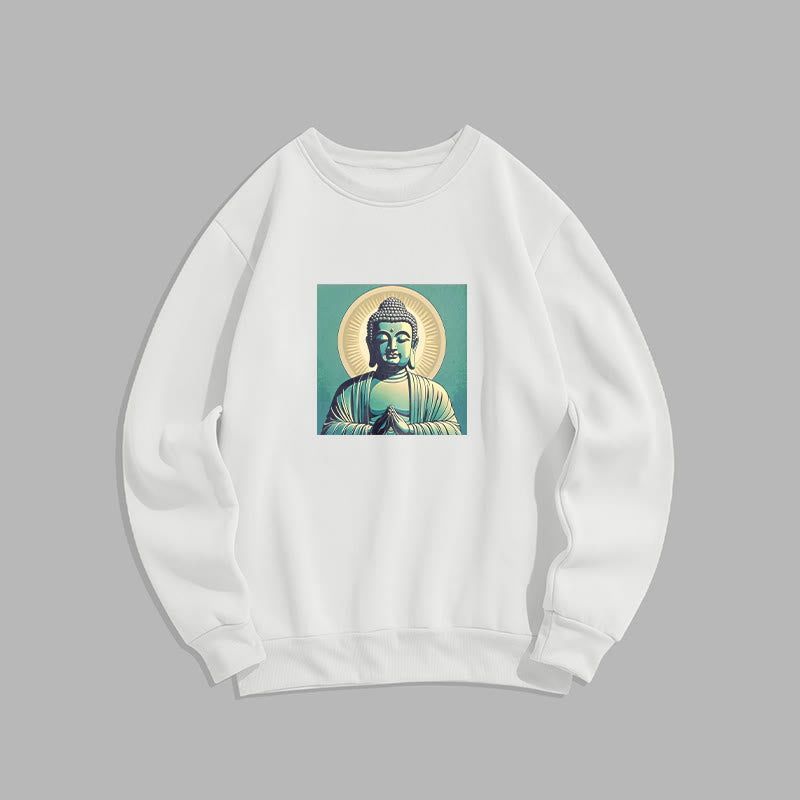 Buddha Stones Aura Grünes Buddha-Sweatshirt mit Rundhalsausschnitt und Fleecefutter