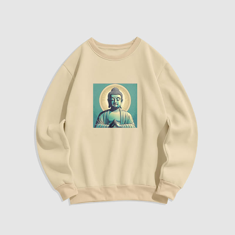 Buddha Stones Aura Grünes Buddha-Sweatshirt mit Rundhalsausschnitt und Fleecefutter