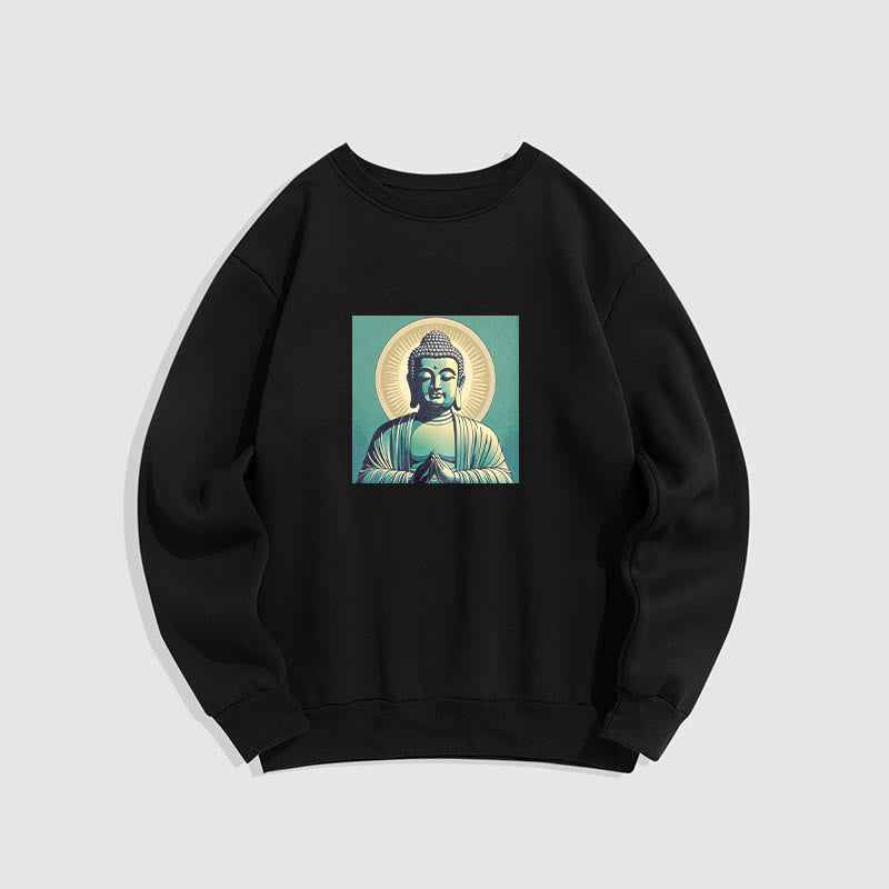 Buddha Stones Aura Grünes Buddha-Sweatshirt mit Rundhalsausschnitt und Fleecefutter