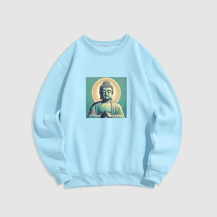 Buddha Stones Aura Grünes Buddha-Sweatshirt mit Rundhalsausschnitt und Fleecefutter