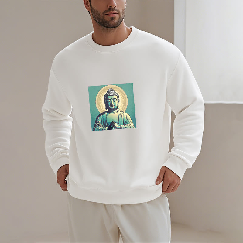 Buddha Stones Aura Grünes Buddha-Sweatshirt mit Rundhalsausschnitt und Fleecefutter