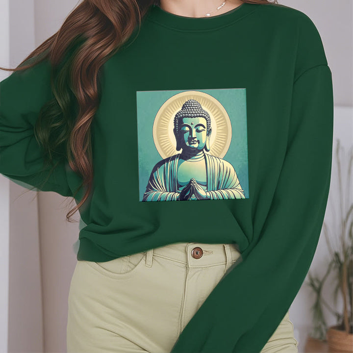 Buddha Stones Aura Grünes Buddha-Sweatshirt mit Rundhalsausschnitt und Fleecefutter