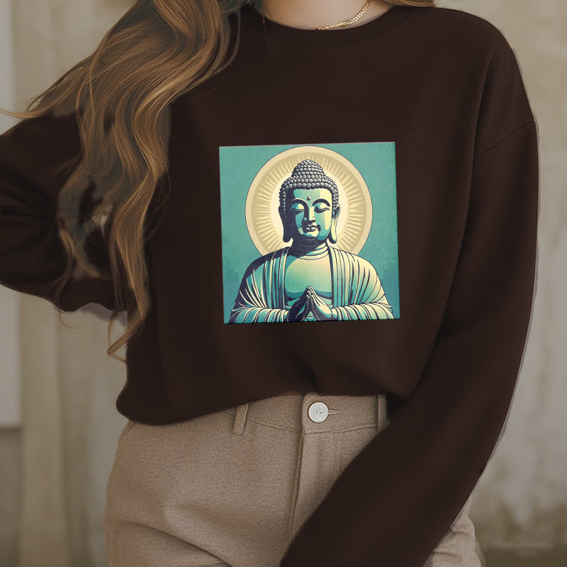 Buddha Stones Aura Grünes Buddha-Sweatshirt mit Rundhalsausschnitt und Fleecefutter