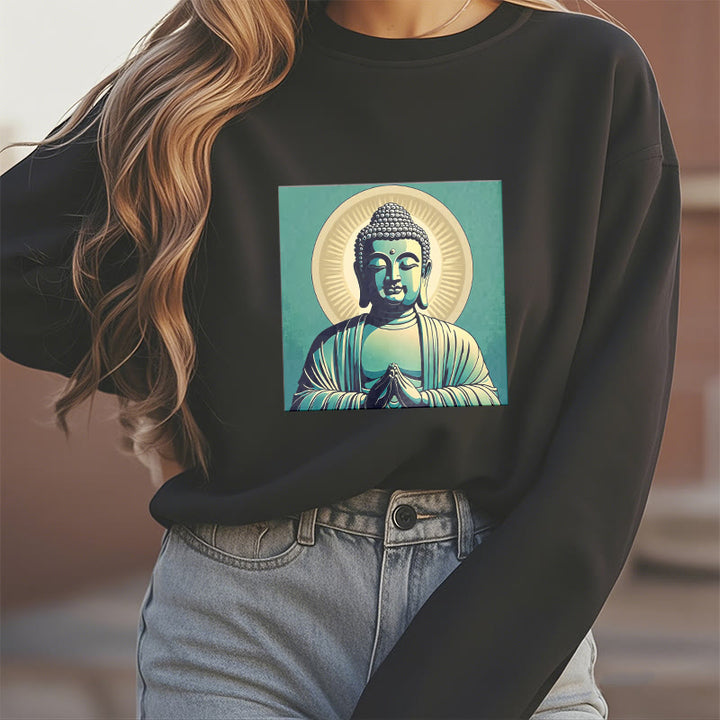 Buddha Stones Aura Grünes Buddha-Sweatshirt mit Rundhalsausschnitt und Fleecefutter