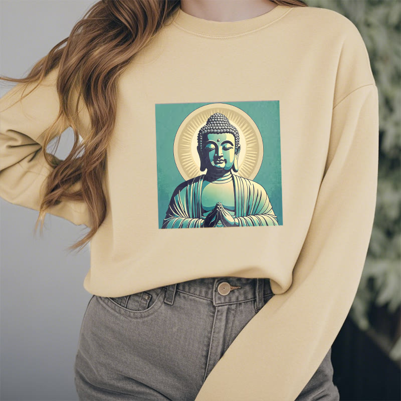 Buddha Stones Aura Grünes Buddha-Sweatshirt mit Rundhalsausschnitt und Fleecefutter