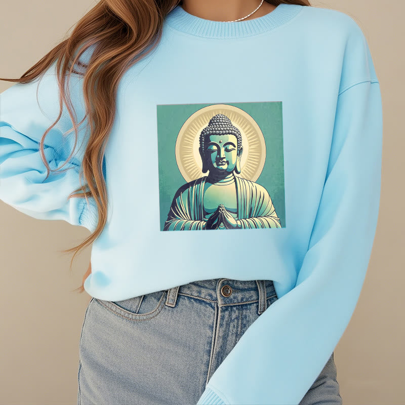 Buddha Stones Aura Grünes Buddha-Sweatshirt mit Rundhalsausschnitt und Fleecefutter