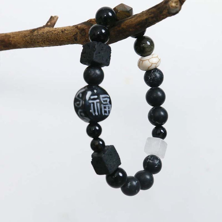 Buddha Stones, schwarzer Onyx, Keramik, Achat, schwarzer Glitzerstein, Fortune Fu-Charakter-Armband